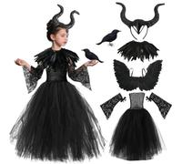 Deguisement Maléfique Fille, Costume Malefi-cent Fille, Méchante Reine Robe avec Corne, Cape, Ailes, Manches en Dentelle, Faux Corbeau, Deguisement Sorciere Fill-e pour Halloween Carnaval Cosplay