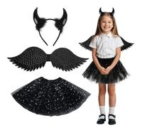 Déguisement Maléfique Fille enfants,Costumes d'Halloween Noir, costumes de Fées Noires,Corne du Diable,Ailes et Tutu Jupe 3 Pièces,Costume de Fête de Robe de Fantaisie Pour les Filles de 3 à 6 ans