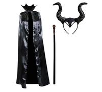 Déguisement Maléfique pour Adulte - Cape avec Corne, Aile Noire et Bâton - Halloween Carnaval