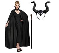 Déguisement Maléfique pour Adulte Halloween Carnaval - Cape Noire, Corne, Aile et Bâton (Disfarz)