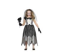 Halloween Robe de mariée fantôme Robe hantée Costume pour enfant Voile Magie noire Toile d'araignée Fête de la nuit effrayante, Taille : 128/134 Couleur : Noir