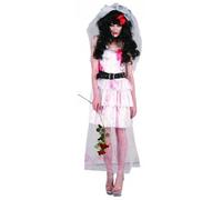 DEGUISE TOI - Déguisement mariée zombie femme Halloween - Robe - Voile - Ceinture - Tour de cou - M/L - Blanc - Déguisements adultes - 100% polyester - A la main - Halloween