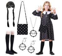 Déguisement Mercredi Enfants, 6 Pièces Deguisement Mercredi A-ddams Fille Costume Mercredi Enfant avec Robe Mercredi Perruque Noire Sac Chaussettes Boucles d'oreilles Collier pour Carnaval Cosplay