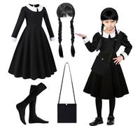 Déguisement Mercredi Enfants, Costume de Mercredi pour Fille, Robe de Mercredi avec Sac, Perruque et Chaussette, Déguisement Halloween Fille, Costume Mercredi pour Cosplay Halloween Carnaval (120)
