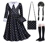 Deguisement Mercredi Fille, Kit de Déguisement Carnaval pour Filles, Costume de Robe Mercredi Fille avec Perruque Noire, Sac, Shaussettes, Déguisement Mercredi pour Carnaval Halloween Fête Cosplay