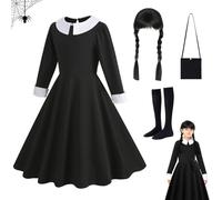 Déguisement Mercredi pour Enfants, Noire Karneval Robe d' Costumes pour Filles avec Perruque Sac Chaussette, Costume Mercredi pour Enfant, Déguisement Karneval Fille - Tenue gothique pour le carnaval
