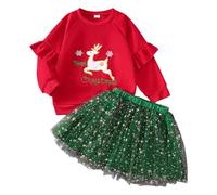 Deguisement Mere Noel Enfant - Ensemble T-Shirt Et Jupe À Manches Longues Pour Petite Fille Motif Brodé De Noël (Red 3-4 Years)