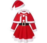 Deguisement Mere Noel Enfant Fille 2-8 Ans Tenue Robe Noel Fille Manche Longue Polaire Chaud + Cape + Bonnet Noel Habits Costume Ensembles Fille 3 Pièces Cadeau Noel Enfant Fille (Red, 2-3 Ans)