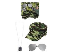 Déguisement militaire adulte 3 pièces - Comprend un chapeau camouflage, des lunettes de soleil aviateur et des plaques d'identité pour chien - Accessoires de costume militaire pour homme et femme