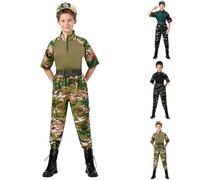 Déguisement Militaire Enfant, Déguisement Carnaval Militaire Camouflage Costume Garçon Tenue Armée 2 Pièces Hauts à Manches Courtes et Chapeau Pantalon Uniforme Ensemble pour Halloween