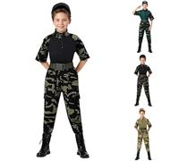 Déguisement Militaire Enfant, Déguisement Carnaval Militaire Camouflage Costume Garçon Tenue Armée 2 Pièces Hauts à Manches Courtes et Chapeau Pantalon Uniforme Ensemble pour Halloween