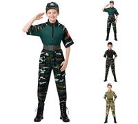 Déguisement Militaire Enfant, Déguisement Carnaval Militaire Camouflage Costume Garçon Tenue Armée 2 Pièces Hauts à Manches Courtes et Chapeau Pantalon Uniforme Ensemble pour Halloween