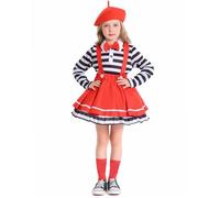 Déguisement Mime 4 Pièces pour Fille Costume Rayé Noir et Blanc avec Béret, Tenue de Carnaval, Mardi Gras, Halloween, Soirée Thématique Fête Déguisée pour Spectacle Clown, Cirque, École