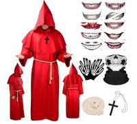 Deguisement Moine Costume de Pretre Deguisement Halloween Homme Déguisement Médiévale Prêtre Robe Moine avec Capuche Ceinture Collier de Croix Masque de Crâne et Gants pour Carnaval Cosplay(Rouge, XL)