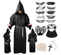 Deguisement Moine Costume de Pretre Deguisement Halloween Homme Déguisement Médiévale Prêtre Robe Moine avec Capuche Ceinture Collier de Croix Masque de Crâne et Gants pour Carnaval Cosplay (Noir, XL)