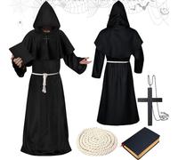 Deguisement Moine, Robe de Prêtre Adulte, Costume de Moine Halloween Deguisement Moine, Robe de Renaissance Médiévale avec Capuche Ceinture et Croix, Déguisement de Prêtre pour Carnaval Cosplay
