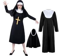 Déguisement Nonne, Déguisement Nonne Noire, Costume D'Halloween Effrayant pour Femme,Costume de Nonne D'Halloween 3 Pièces avec Capuche de Nonne et Chaîne Croisée pour Halloween,Carnaval,Fête Costumée