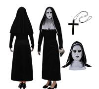 Déguisement Nonne Femme Horreur Robe Costume Masque Religieuse Collier Croix Scary Film Valak Eglise Adulte Halloween Cosplay (M)