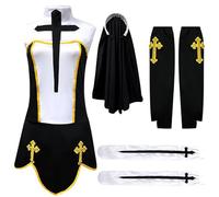 Deguisement Nonne Halloween Femme Costume Nonne, Deguisement Ensemble Accessoires De Coiffe Gants Et Chaussettes Hautes Col Et Pendentif en Croix pour Costume Halloween Carnaval Cosplay