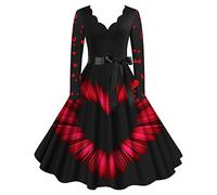 Deguisement Pere Noel Sexy, Robe de thé Classique pour Femmes de Noël Robe à Manches Longues et col en V avec Ceinture Swing Robes de soirée Cocktail (L)