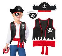 Déguisement pirate,ensemble de 4 pièces déguisement pirate enfant costume pirate enfant costume de capitaine pirate Halloween accessoires costume pirate enfants pirates cosplay dress up (Garçon)