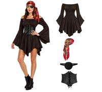 Déguisement Pirate Femme 4 Pièces, Costume Pirate Médiéval avec robe à épaules dénudées, Corset, Cache-œil,Foulard,Costume Renaissance pour Halloween Carnaval Cosplay Soirée à Thème