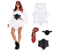 Déguisement Pirate Femme 4 Pièces, Costume Pirate Médiéval avec robe à épaules dénudées, Corset, Cache-œil,Foulard,Costume Renaissance pour Halloween Carnaval Cosplay Soirée à Thème