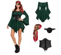 Déguisement Pirate Femme 4 Pièces, Costume Pirate Médiéval avec robe à épaules dénudées, Corset, Cache-œil,Foulard,Costume Renaissance pour Halloween Carnaval Cosplay Soirée à Thème