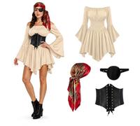 Déguisement Pirate Femme 4 Pièces, Costume Pirate Médiéval avec robe à épaules dénudées, Corset, Cache-œil,Foulard,Costume Renaissance pour Halloween Carnaval Cosplay Soirée à Thème