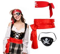Deguisement Pirate Femme Homme, 3 Pack Pirate Accessoires Avec Rouge Bandana Eye Patch et Sash Femmes Hommes Robe Fancy Pirate pour Halloween Cosplay Pirate Role Play Party (Rouge)