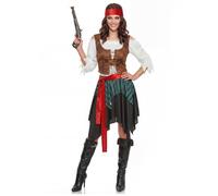 DEGUISE TOI - Déguisement pirate rayé femme - Jupe - Bustier - Gilet - Ceinture - Bandeau - S - Marron - Déguisements adultes - 100% Polyester - Laver à la main - Carnaval