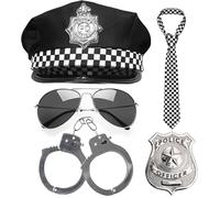 Déguisement Policier Adulte - Déguisement adulte homme et femme, Accessoires costume police : casquette, lunettes, menottes, insigne police et cravate, Pour Halloween, cosplay, fête et carnaval