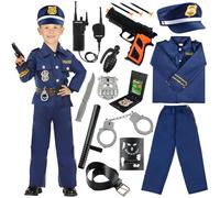 Deguisement Policier Enfant, 14PCS Costume Policier Enfant Garcon, avec Chemise, Pantalon, Chapeau, Ceinture, Menotte, Brassard Police Insigne, Talkie-Walkie, Pistolets Jouets Pour Halloween Carnaval