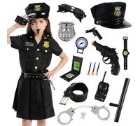 Deguisement Policier Enfant, 15PCS Costume Policier Deguisement Fille,Costume de Police Chemise,Jupes,Chapeau,Ceinture,Menotte,Lunettes,Talkie-Walkie,Pistolets Jouets,Pour Carnaval Halloween Policiere