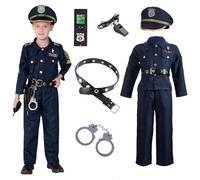 Deguisement Policier Enfant 7PCS Costume Accessoires avec Chemise, Pantalon, Chapeau, Ceinture, Menotte, Brassard Police Insigne,Sifflet Tenues de Cosplay de Flic Pour Carnaval (Policier, 8-10 ans)