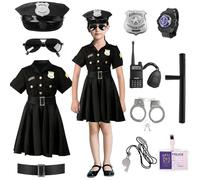 Deguisement Policier Enfant, Costume Policier Deguisement Fille mit Accessoires, avec Menottes, Chapeau, Badge, Montre, Carte d'identité, Talkie-walkie, Sifflet, Bâton, pour fête de Carnaval Cosplay