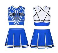 Deguisement Pompom Girl Costume de pom-pom girl brillant avec strass for femme, uniforme de pom-pom girl, haut court ajouré à manches longues et jupe de patinage, tenue de danse(Blue D,XX-Large)