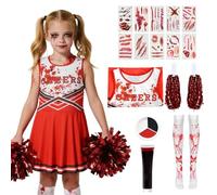 Deguisement Pompom Girl Femme Cheerleader Costume de Zombie Tenue Déguisement Uniforme Pom-poms Cosplay Fille Enfant Chaussettes Autocollant Peinture Halloween Carnaval (Rouge - Enfant, 7-9 ans)
