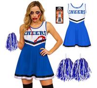 Déguisement Pompom Girl Femme Zombie Adulte - Costume cheerleader avec robe et pompons assortis et tube de faux sang, Déguisement cheerleader femme pour halloween, cosplay, carnaval
