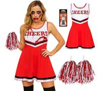Déguisement Pompom Girl Femme Zombie Adulte - Costume cheerleader avec robe et pompons assortis et tube de faux sang, Déguisement cheerleader femme pour halloween, cosplay, carnaval
