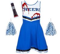 Déguisement Pompom Girl Femme Zombie Adulte - Costume cheerleader avec robe et pompons assortis et tube de faux sang, Déguisement cheerleader femme pour halloween, cosplay, carnaval
