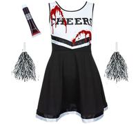 Déguisement Pompom Girl Femme Zombie Adulte - Costume cheerleader avec robe et pompons assortis et tube de faux sang, Déguisement cheerleader femme pour halloween, cosplay, carnaval
