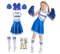 Deguisement Pompom Girl Fille, Deguisement Pompom Girl Enfant, Deguisement Fille avec Pompon Pompom Girl et Chaussettes, Costume Cheerleader Enfant pour Halloween Carnaval Mascarade (bleu, 140)