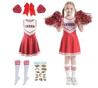 Deguisement Pompom Girl Fille, Deguisement Pompom Girl Enfant, Deguisement Fille avec Pompon Pompom Girl et Chaussettes, Costume Cheerleader Enfant pour Halloween Carnaval Mascarade (rouge, 140)
