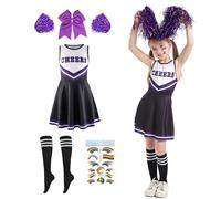 Deguisement Pompom Girl Fille, Deguisement Pompom Girl Enfant, Deguisement Fille avec Pompon Pompom Girl et Chaussettes, Costume Cheerleader Enfant pour Halloween Carnaval Mascarade (noir, 140)