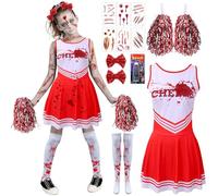 Deguisement Pompom Girl, Sanglante Pompom Girl Halloween, Fantastique Deguisement Halloween Pom-Pom G-irl avec Pom-Poms Bande de Cheveux Chaussettes Cicatrices Tatouage Faux Sang Pour la FêTe