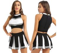Déguisement Pompom Girl Uniforme Ensemble 2 pièces de pom-pom girl for femmes et adultes, tenue de danse, de cosplay, d'école, haut court à col montant et mini-jupe plissée(Black,XX-Large)