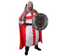 Déguisement pour adulte de chevalier médiéval avec une tunique + un camail + une cape + une ceinture + une épée + un bouclier argenté. Idéal pour les enterrements de vie de garçon. ( Small )