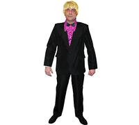 Déguisement pour Adulte du Célèbre Chanteur Claude François - Complet Noir + Chemise Disco Rose à Volants + Perruque Blonde + Nœud Papillon. Idéal pour Les Enterrements de Vie de Garçon (Grand)