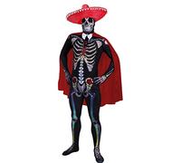 Déguisement pour célébrer le jour des morts avec cette combinaison moulante avec squelette + sombrero rouge + nœud papillon blanc + une cape rouge pour adulte. Ideal pour les fêtes d'Halloween. ( Small/Medium )